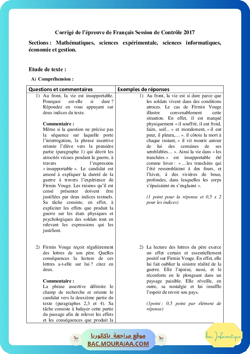 Corrigé controle francais Bac 2017 – Section info